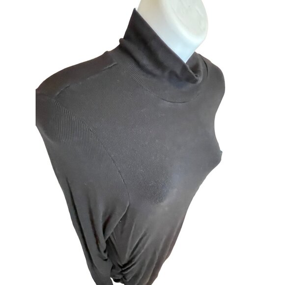 Sanctuary Black Long Sleeve Midi Dress Sz L Draped Side Ruched Stretch High Neck - Picture 3 of 10
